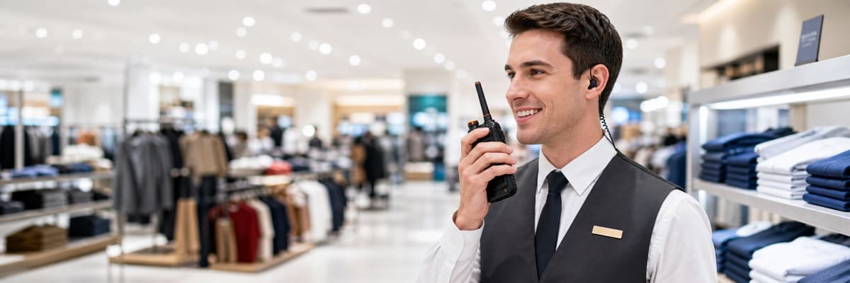 Retail store staff communicating efficiently using Baofeng walkie talkies