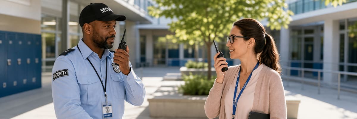 Teachers and educational staff coordinating campus activities using Baofeng walkie talkies