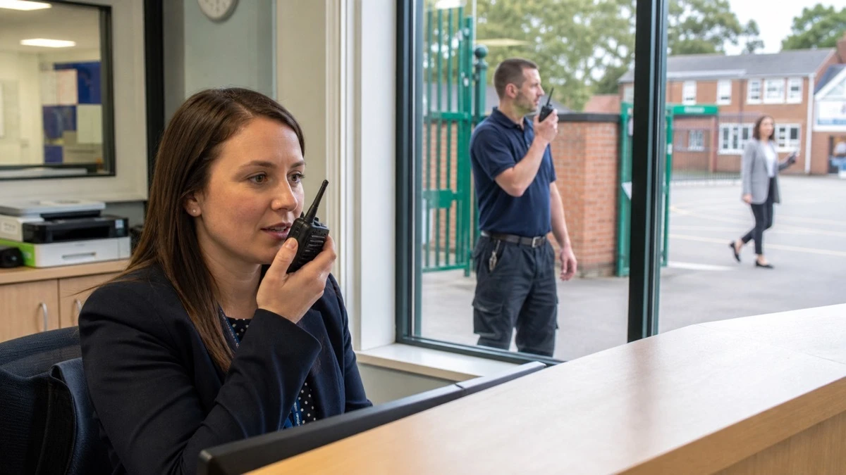 A UK school reception staff member using a PMR446 walkie-talkie at the front desk while a caretaker at the gate and a teacher on the playground hold matching radios