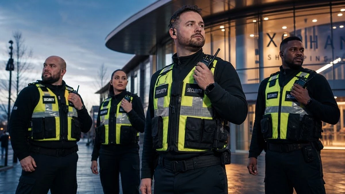 Professional UK security team using two way radios for communication outside a shopping centre