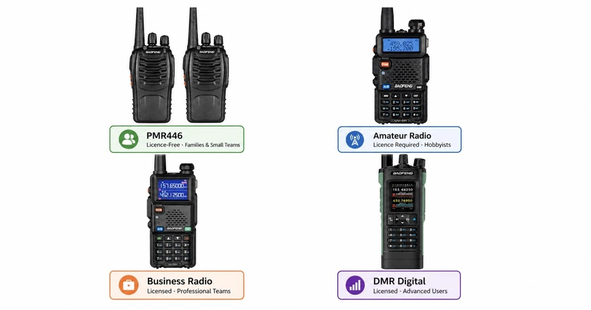 Four types of UK two-way radios displayed in a grid — a PMR446 licence-free walkie-talkie for families, an amateur radio for hobbyists, a business radio for professional teams, and a DMR digital radio for advanced users