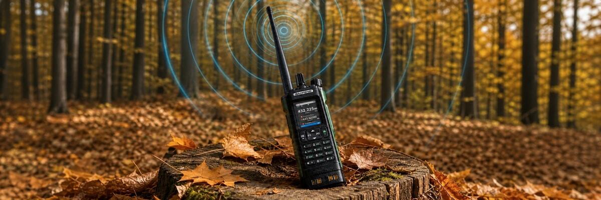 A visual representation of UHF radio waves penetrating thick tree trunks and foliage in a wooded hiking environment.