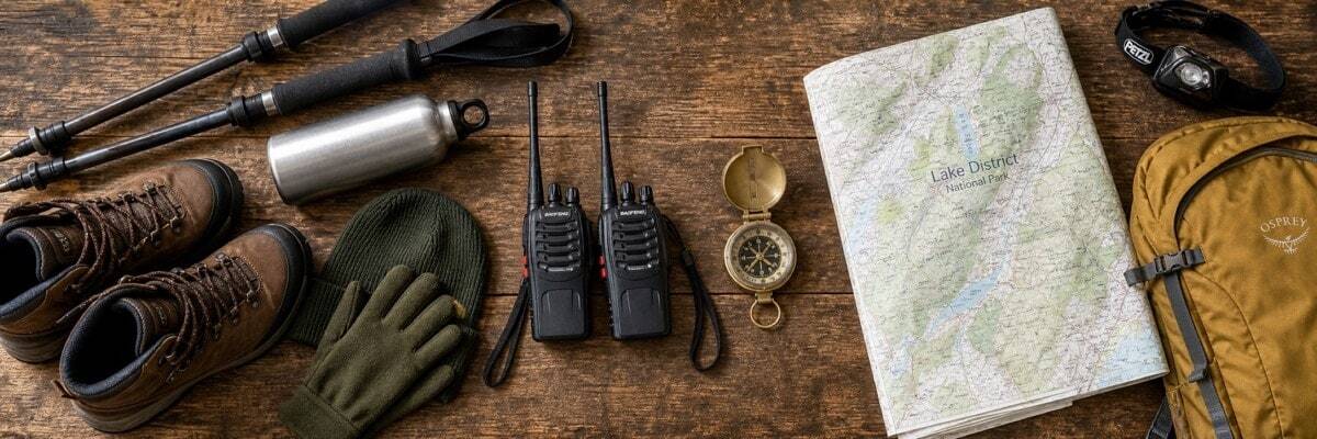 Panoramic view of a beginner walkie-talkie kit including two-way radios, outdoor gear, and a UK hiking map.
