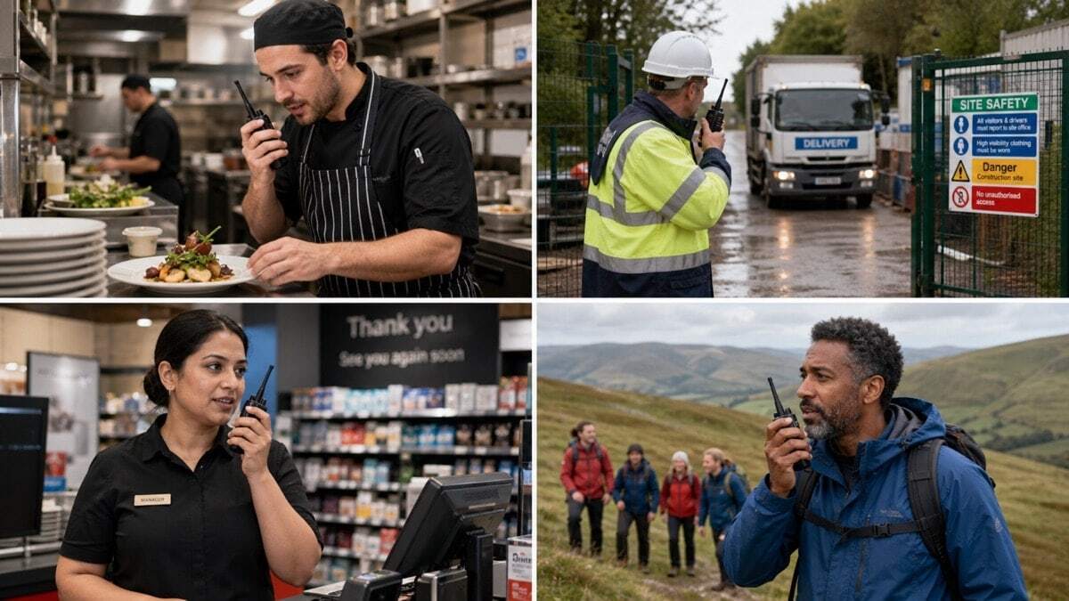 Four UK workplace scenes showing practical walkie-talkie radio communication in a restaurant kitchen, construction gate, retail shop and outdoor hiking group