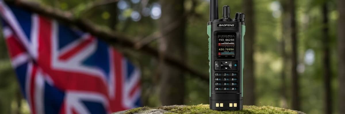 A rugged two-way radio resting on a mossy rock with a subtle UK flag in the background.