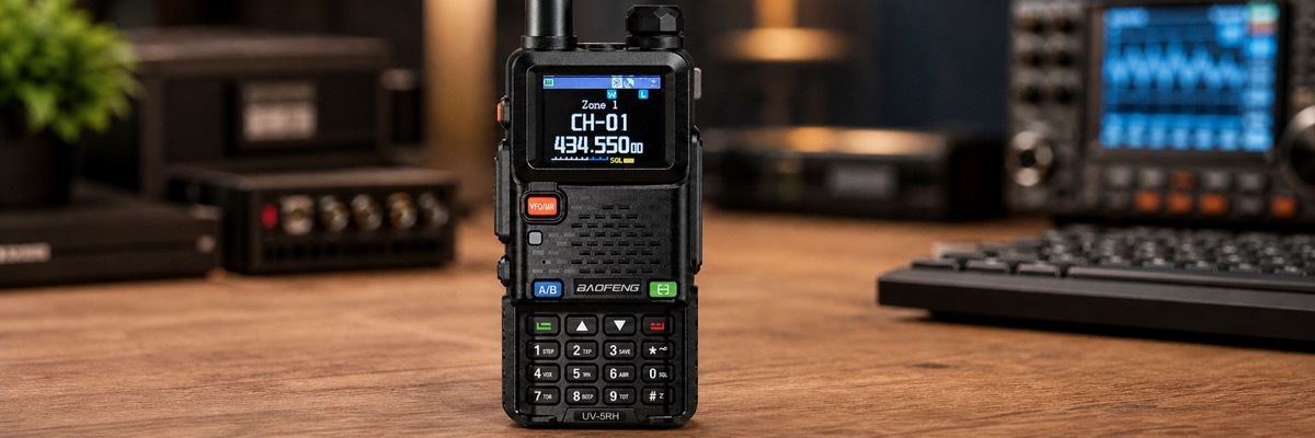 Modern handheld two-way radio showing channel one on its digital display screen, representing UK licence-free PMR446 frequencies.