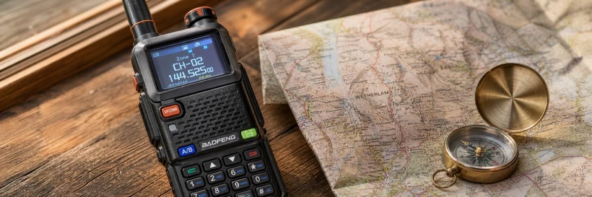 A close-up of a modern two-way radio displaying channel numbers next to a map of the UK countryside.