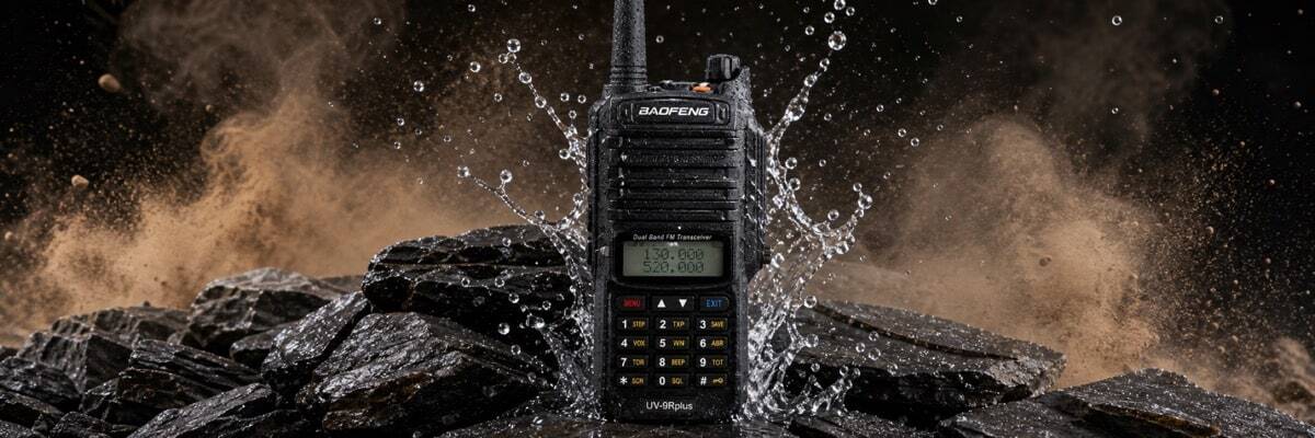 A rugged two-way radio enduring water splashes and dust, illustrating the difference between IP54, IP67, and IP68 walkie-talkie ratings.