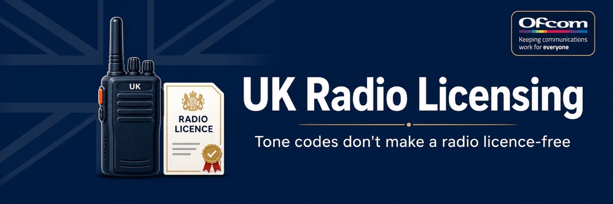 UK radio licence illustration showing a walkie talkie beside a regulatory document, highlighting that CTCSS and DCS codes do not make a radio licence-free under Ofcom rules