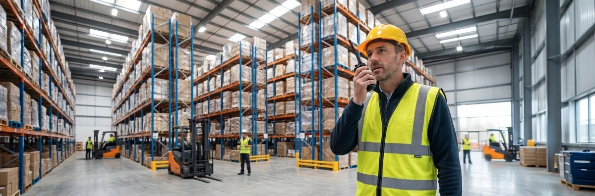 Professional using a Baofeng radio in a UK warehouse
