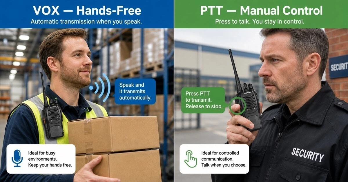 A split-screen comparison between VOX hands-free voice activation on the left — showing a warehouse worker with occupied hands — and manual PTT push-to-talk operation on the right — showing a security officer pressing the button deliberately