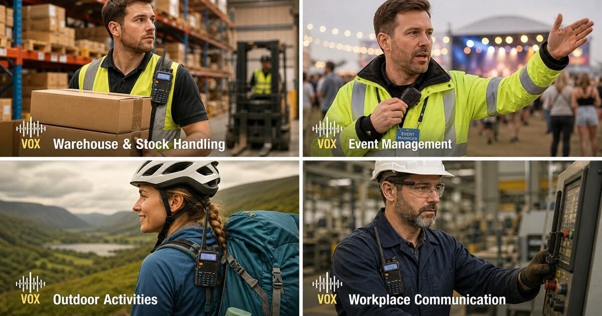 Four UK VOX walkie-talkie use-case scenarios — a warehouse worker carrying boxes, an event manager directing crowds, an outdoor hiker and a factory worker — all showing hands-free radio communication in action