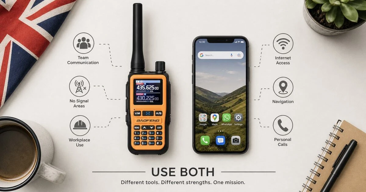 A walkie-talkie and smartphone placed together showing how both devices complement each other — the radio for instant team communication and outdoor use, the phone for personal connectivity and internet access