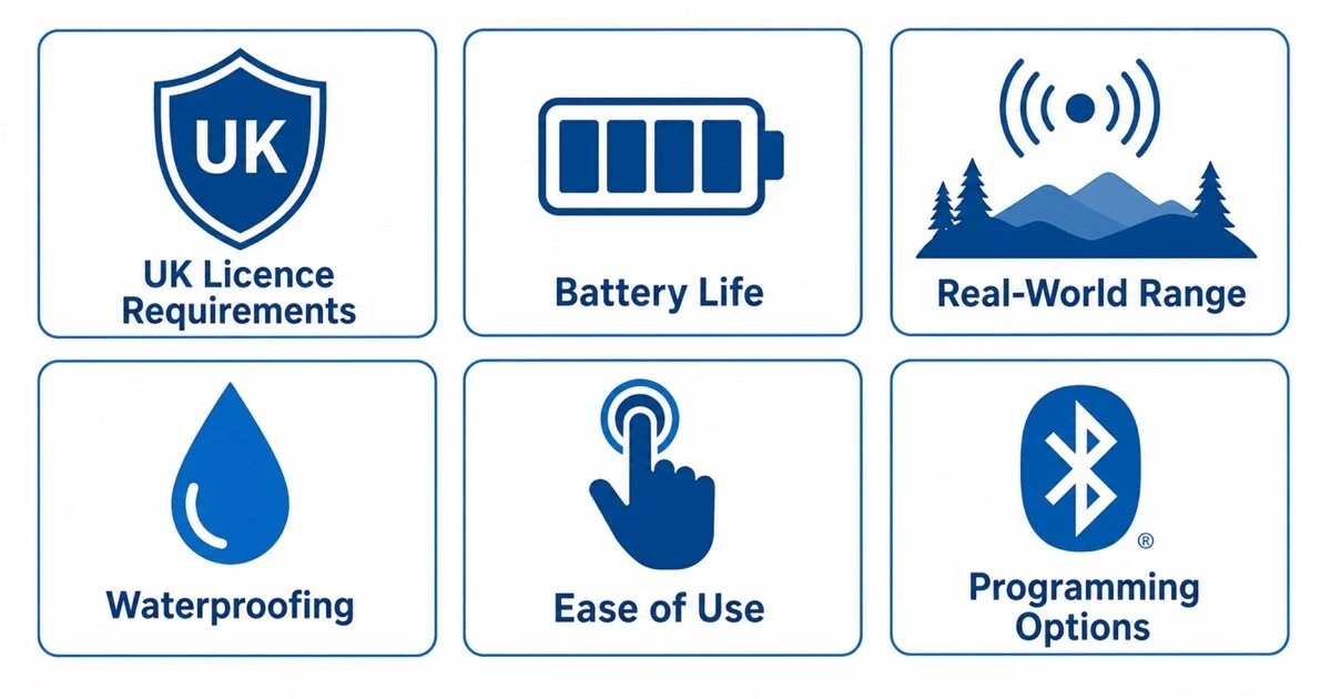 An infographic showing six key walkie-talkie buying criteria for UK adults — UK licence requirements, battery life, real-world range, waterproofing, ease of use and programming options