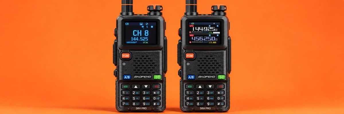 Two walkie-talkies standing side-by-side on a bright orange background displaying channel numbers.