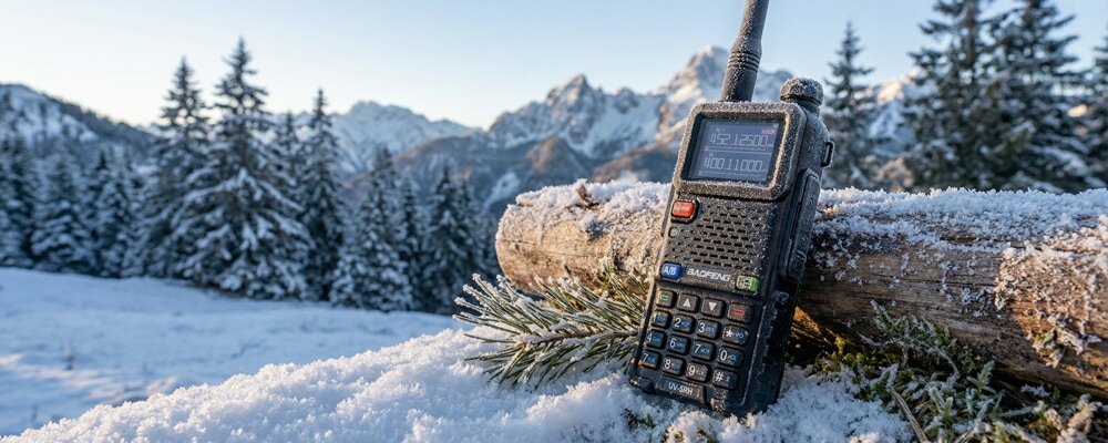 A two-way radio in a cold winter landscape, illustrating how freezing temperatures drain lithium-ion batteries.