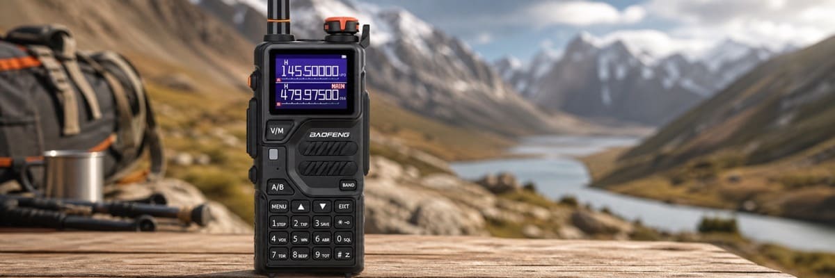 A technician troubleshooting a handheld Baofeng radio experiencing audio dropouts in an outdoor field.