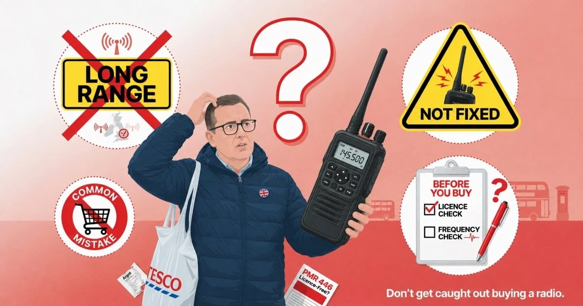 An illustration of a UK buyer holding a high-power walkie-talkie surrounded by warning icons representing common licensing mistakes, including ignoring licence requirements and choosing based on range claims alone