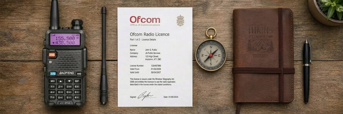 An overhead flat lay of a walkie-talkie, a UK Ofcom license document, a compass, and hiking gear on a wooden desk