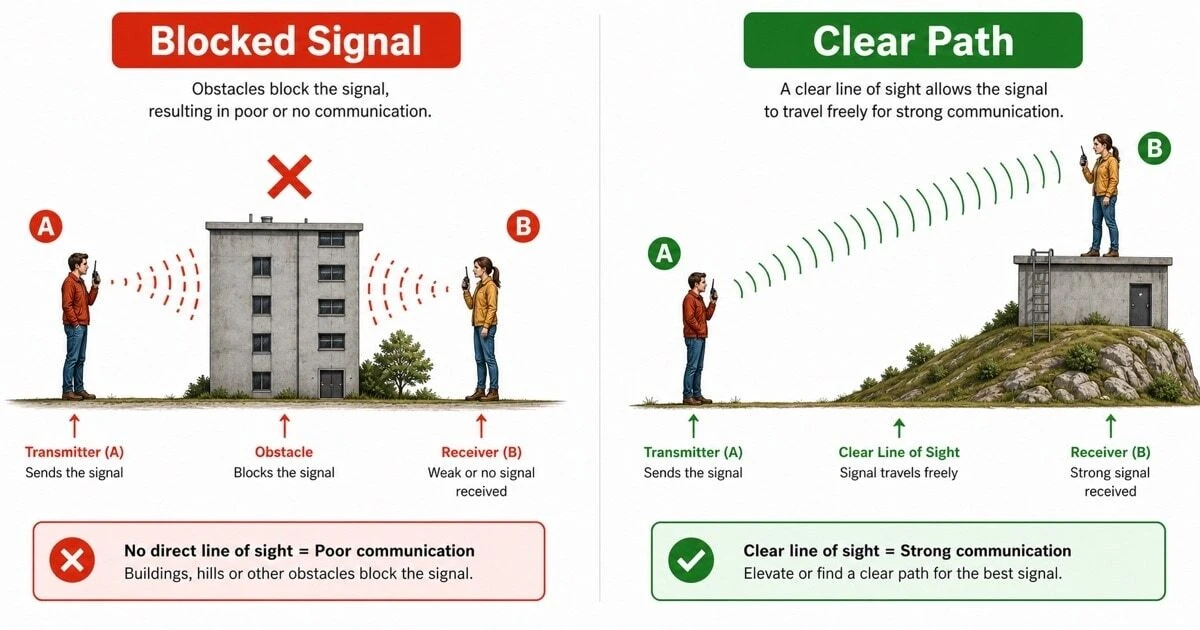 A split-screen comparison showing blocked walkie-talkie signal between two users on opposite sides of a building versus clear signal when one user moves to an elevated position with an unobstructed line of sight