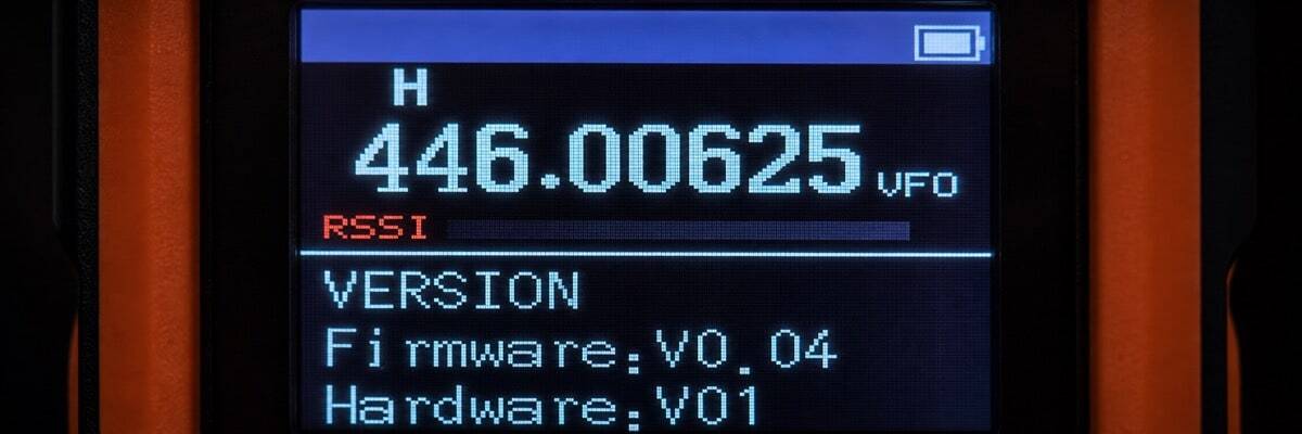 Close-up of a walkie-talkie digital display showing the matching radio frequencies required for cross-brand communication.