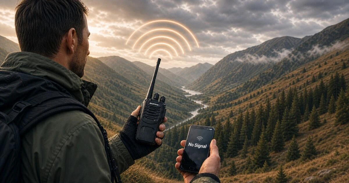 A hiker in the British countryside holding a walkie-talkie with strong signal while a smartphone shows no coverage, illustrating when radios are the more reliable communication choice in rural UK areas