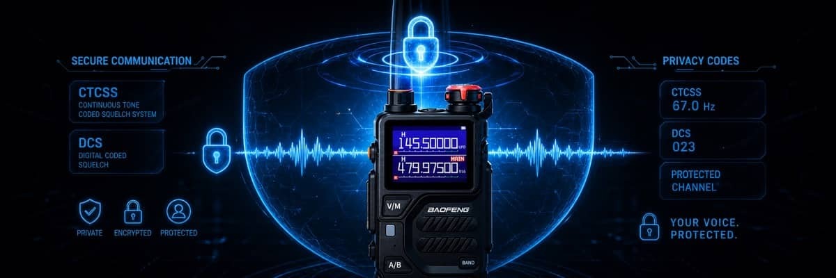 A digital padlock icon and shield over a walkie-talkie antenna, symbolizing secure radio communication and privacy codes.