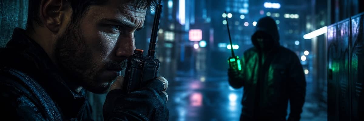 A cinematic shot of a person using a walkie-talkie while someone in the background holds a radio scanner to intercept the signal.
