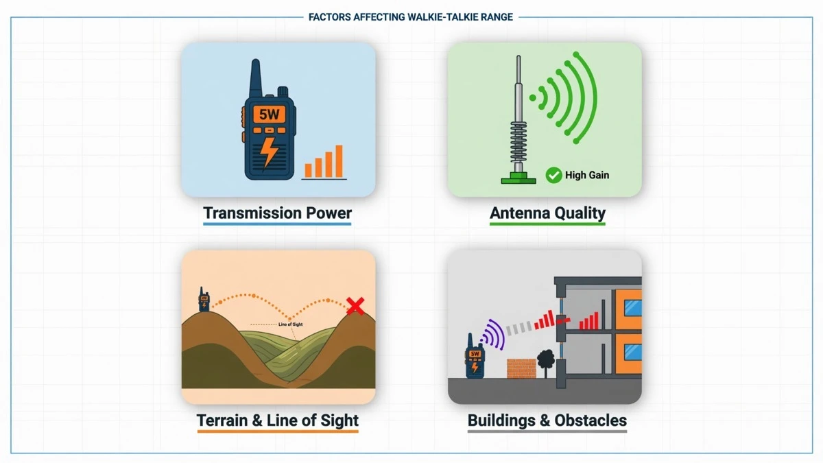 An infographic showing the four main factors that affect walkie-talkie range in the UK — transmission power, antenna quality, terrain and line of sight, and buildings and indoor obstacles