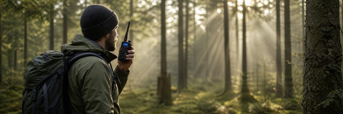 A UK hiker using a multi-band radio to communicate through a dense, misty pine forest.