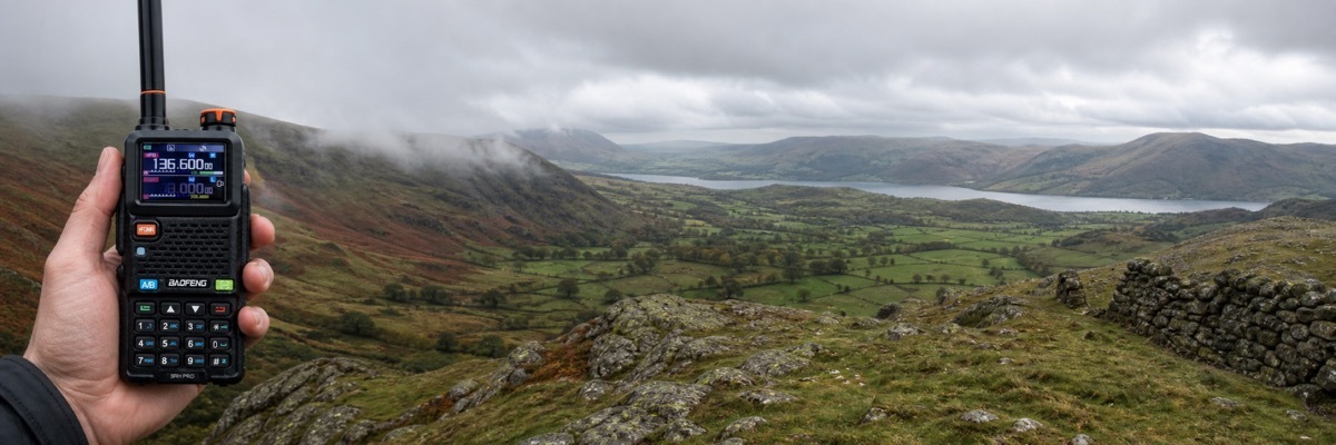 A hiker checking communication range with a handheld two-way radio overlooking a wide scenic UK national park valley.