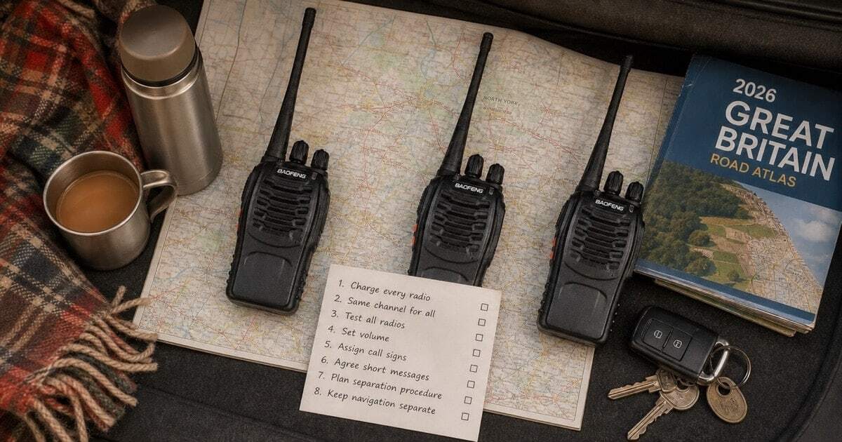 A pre-departure road trip radio setup showing three walkie-talkies on a map with a preparation checklist, representing the eight steps to set up walkie-talkies for a UK car convoy before setting off