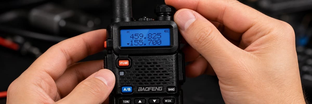 Adjusting the internal settings and testing squelch parameters of a handheld dual band radio.