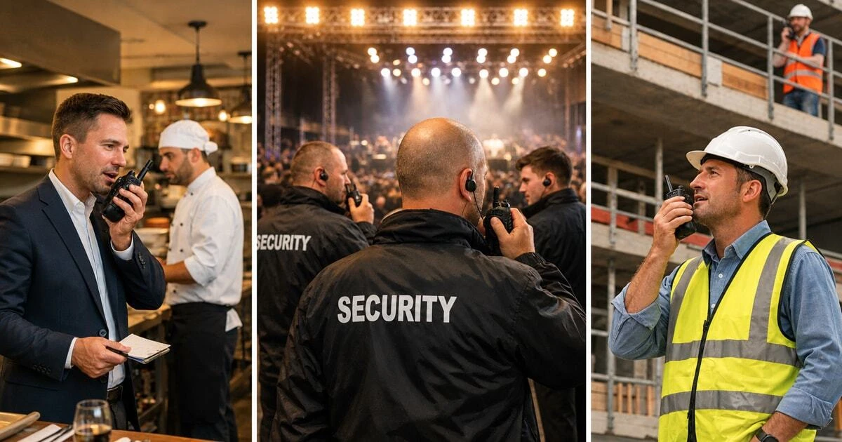Three UK workplace scenarios showing instant walkie-talkie team communication — a restaurant team, an event security crew and a construction site — where one push-to-talk reaches the entire group simultaneously