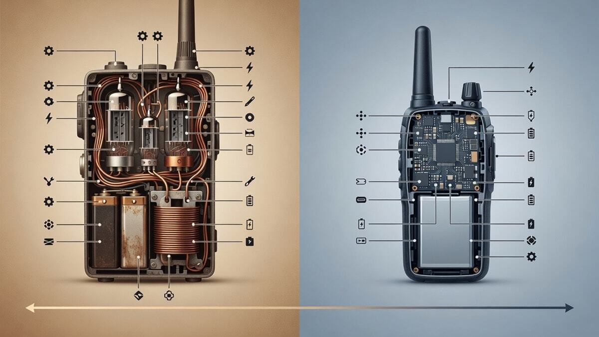 A split-screen illustration comparing the internal components of a 1940s vacuum-tube portable radio with a modern compact PMR446 walkie-talkie featuring integrated circuits and lithium-ion battery