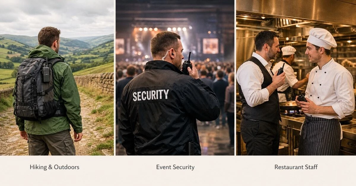 Three UK walkie-talkie use cases shown side by side — a hiker on a countryside trail, a security team member at a venue, and restaurant staff during evening service — illustrating how different environments require different radio choices