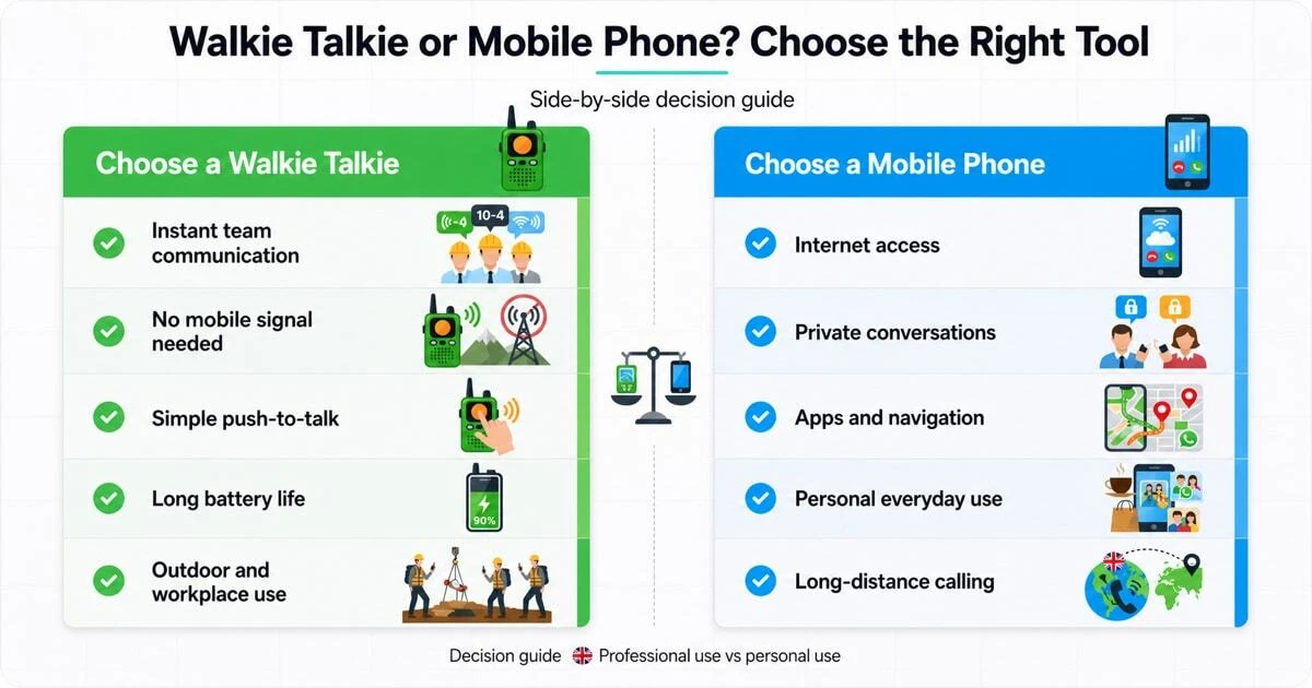 A side-by-side decision guide showing when to choose a walkie-talkie — for instant team communication and outdoor use — versus when to choose a mobile phone — for internet access, private calls and personal everyday communication