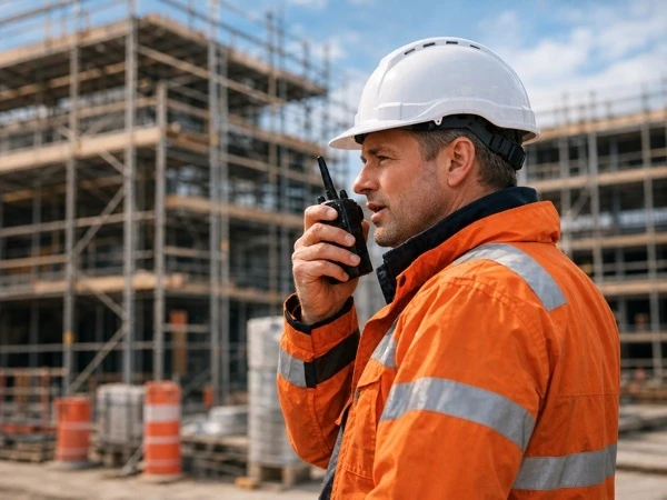 Construction worker using two-way radio on building site UK