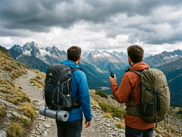 Hikers using walkie talkies on mountain trail UK outdoor adventure
