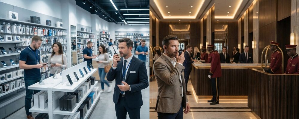 A retail store manager and a hotel lobby manager using professional walkie-talkies for instant staff communication.