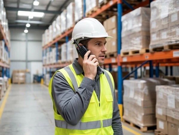 Warehouse worker using two-way radio UK retail warehouses