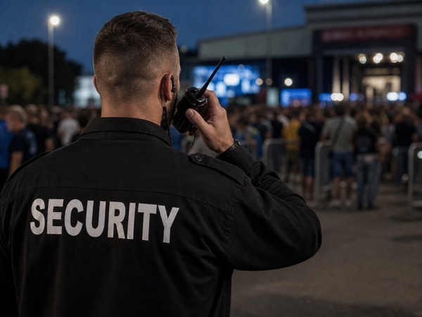 Security guard using Baofeng walkie talkie at event venue UK