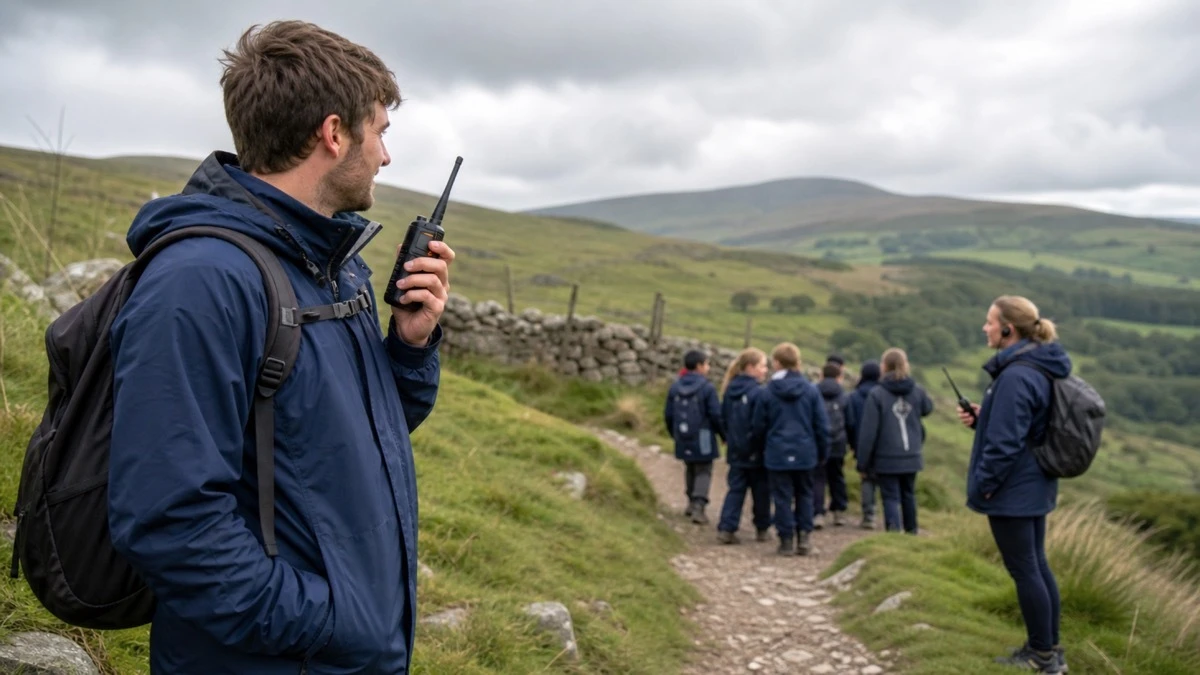 A UK PE teacher using a walkie-talkie on a British hillside to communicate with a second supervising teacher during a school outdoor activity trip