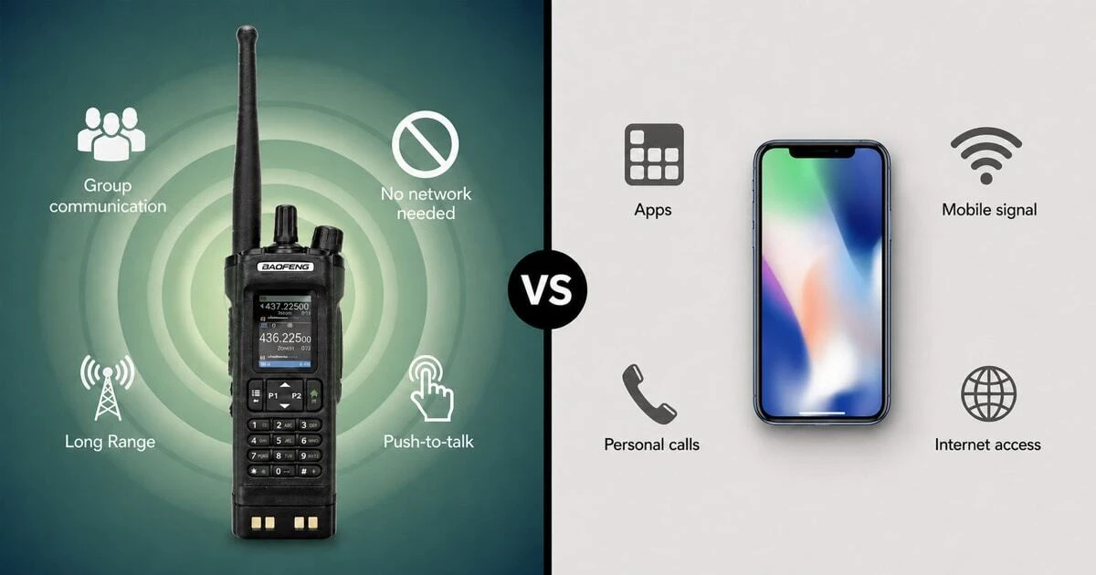 A split-screen hero image comparing a walkie-talkie on the left with instant group communication and no network dependency versus a smartphone on the right with apps, mobile signal and personal connectivity