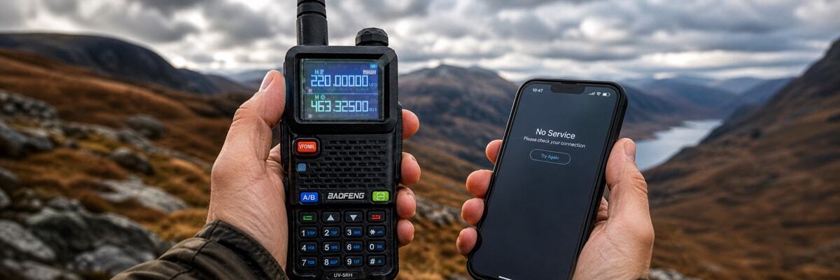 A hiker holding a Baofeng walkie talkie in the remote Scottish Highlands, communicating off-grid without cell signal or wifi.