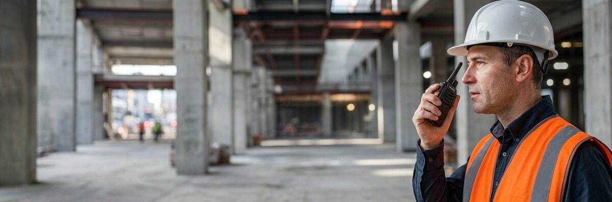 A site manager using a UHF walkie talkie to communicate through heavy concrete walls and steel inside an industrial building.