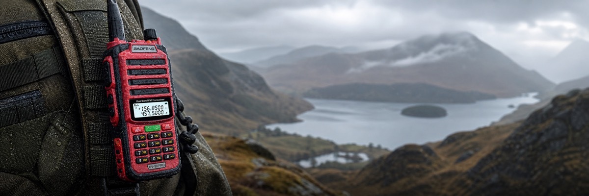 An IP68 waterproof walkie-talkie covered in raindrops attached to a backpack strap in the misty UK Lake District.