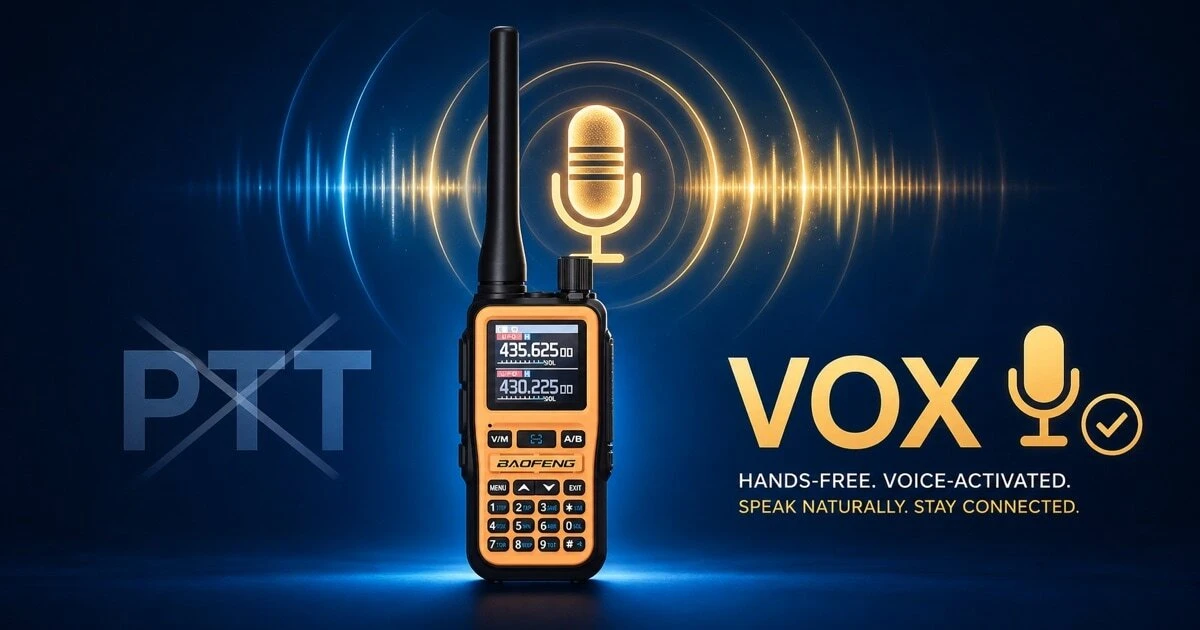 A hero image showing a walkie-talkie with voice-activated VOX soundwaves replacing the push-to-talk button, illustrating how VOX enables hands-free radio communication