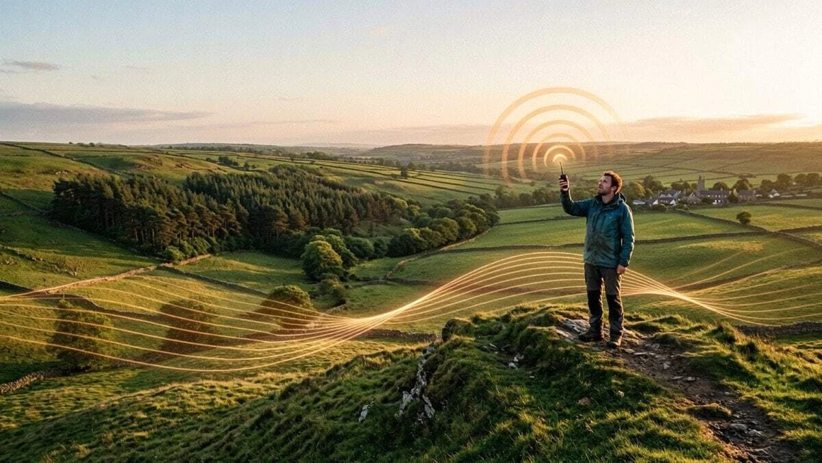 A hiker on a British hilltop holds a walkie-talkie with signal waves radiating outward across varied terrain including forests, valleys and open fields, illustrating how terrain affects real-world walkie-talkie range