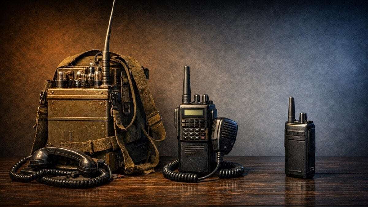 The evolution of walkie-talkies from a 1940s military backpack radio to a 1980s handheld transceiver to a modern compact PMR446 walkie-talkie